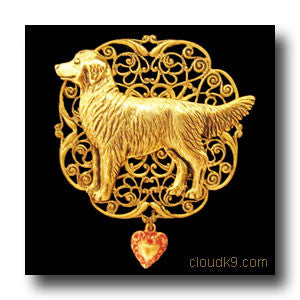 Golden Retriever Victoriana Filigree Brooch Pin (Standing Golden)