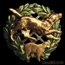 Border Collie & Sheep Christmas Wreath Brooch Pin