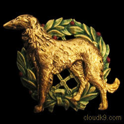 Russian Wolfhound (Standing) Christmas Wreath Brooch Pin