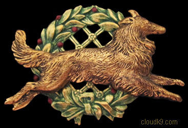Collie Christmas Wreath Brooch Pin