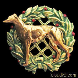 Whippet (Standing) Christmas Wreath Brooch Pin