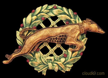 Whippet (Deco Style) Christmas Wreath Brooch Pin