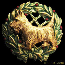 Scottish Terrier (Scottie) Christmas Wreath Brooch Pin